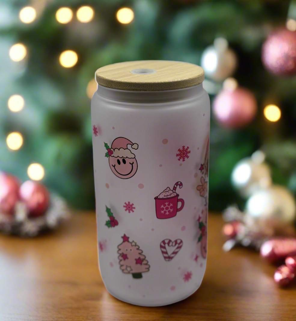 16 oz Glass Pink Retro Christmas-Themed Tumbler