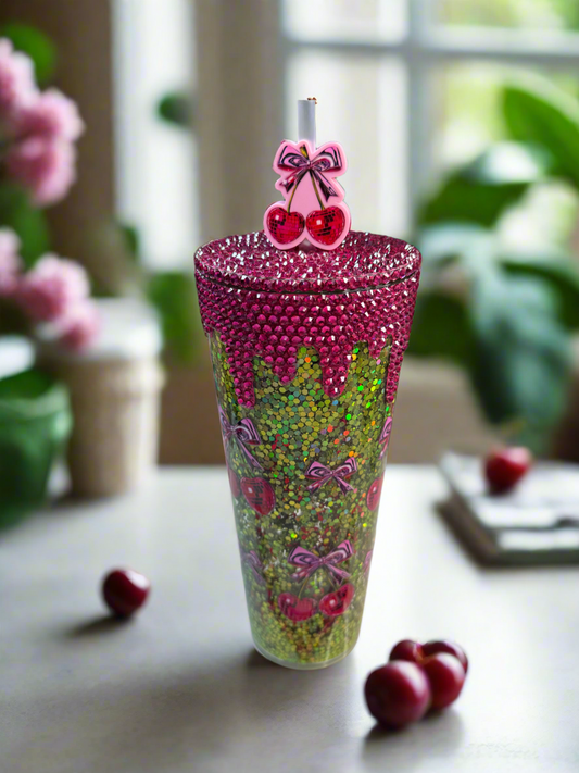 24 oz Cherry Pink Holographic Bow Snowglobe Tumbler