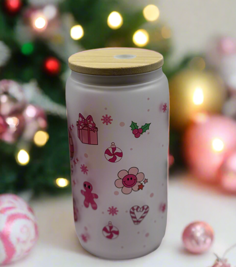 16 oz Glass Pink Retro Christmas-Themed Tumbler