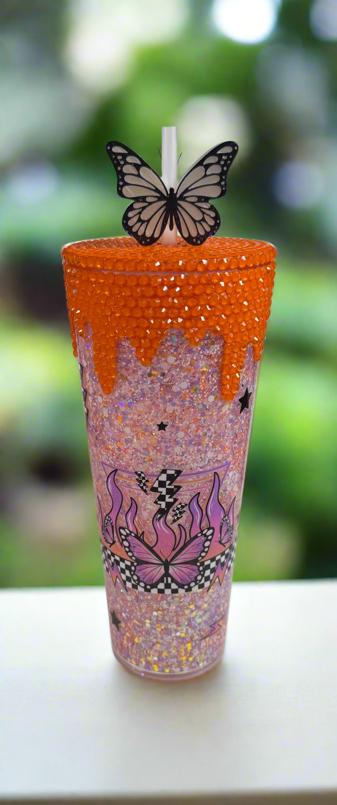 24 oz Checkered Butterfly Snowglobe Tumbler