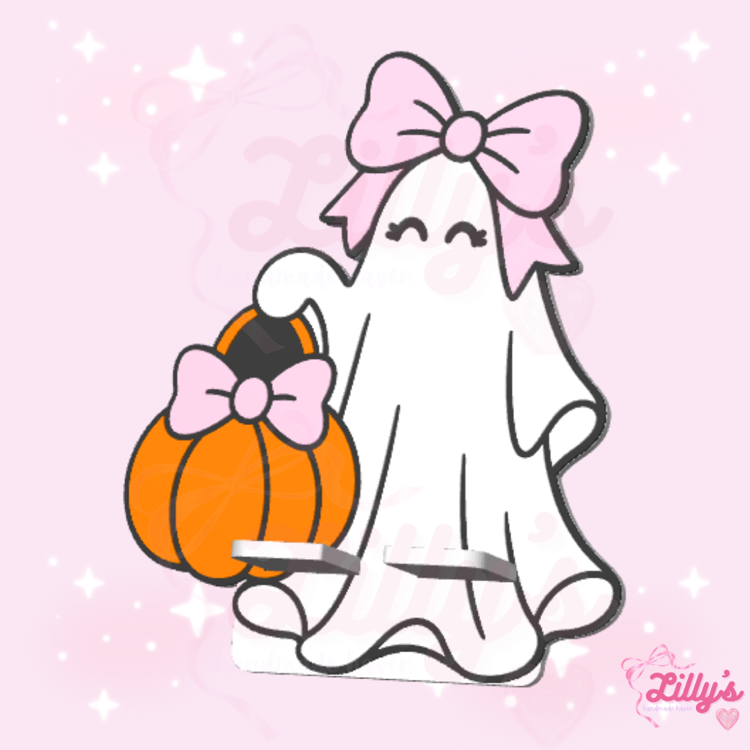 Ghost with Bow & Pumpkin Phone Holder