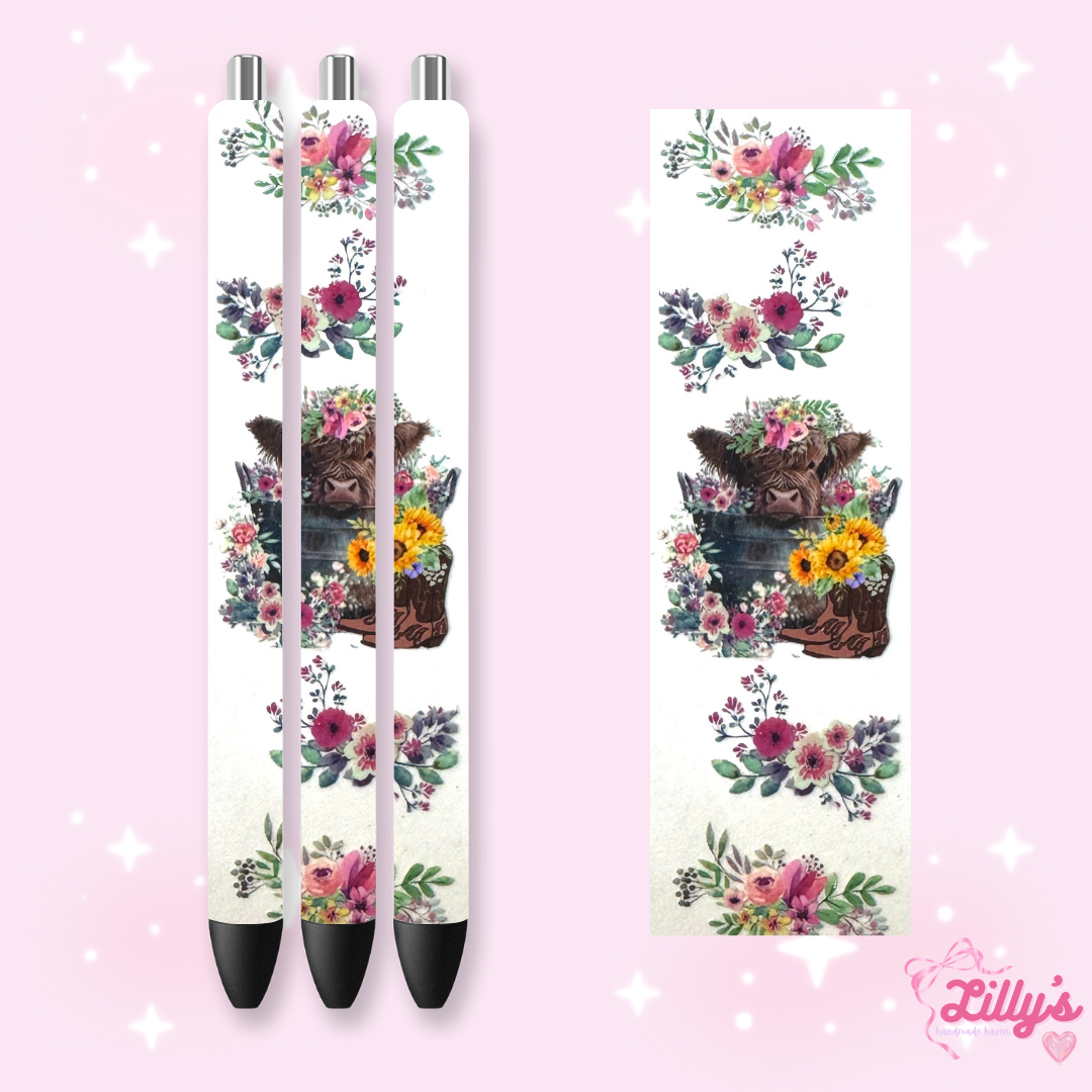 Flowers, Butterfly & Cow Custom Glitter Resin Pens β Choose Your Wrap & Glitter