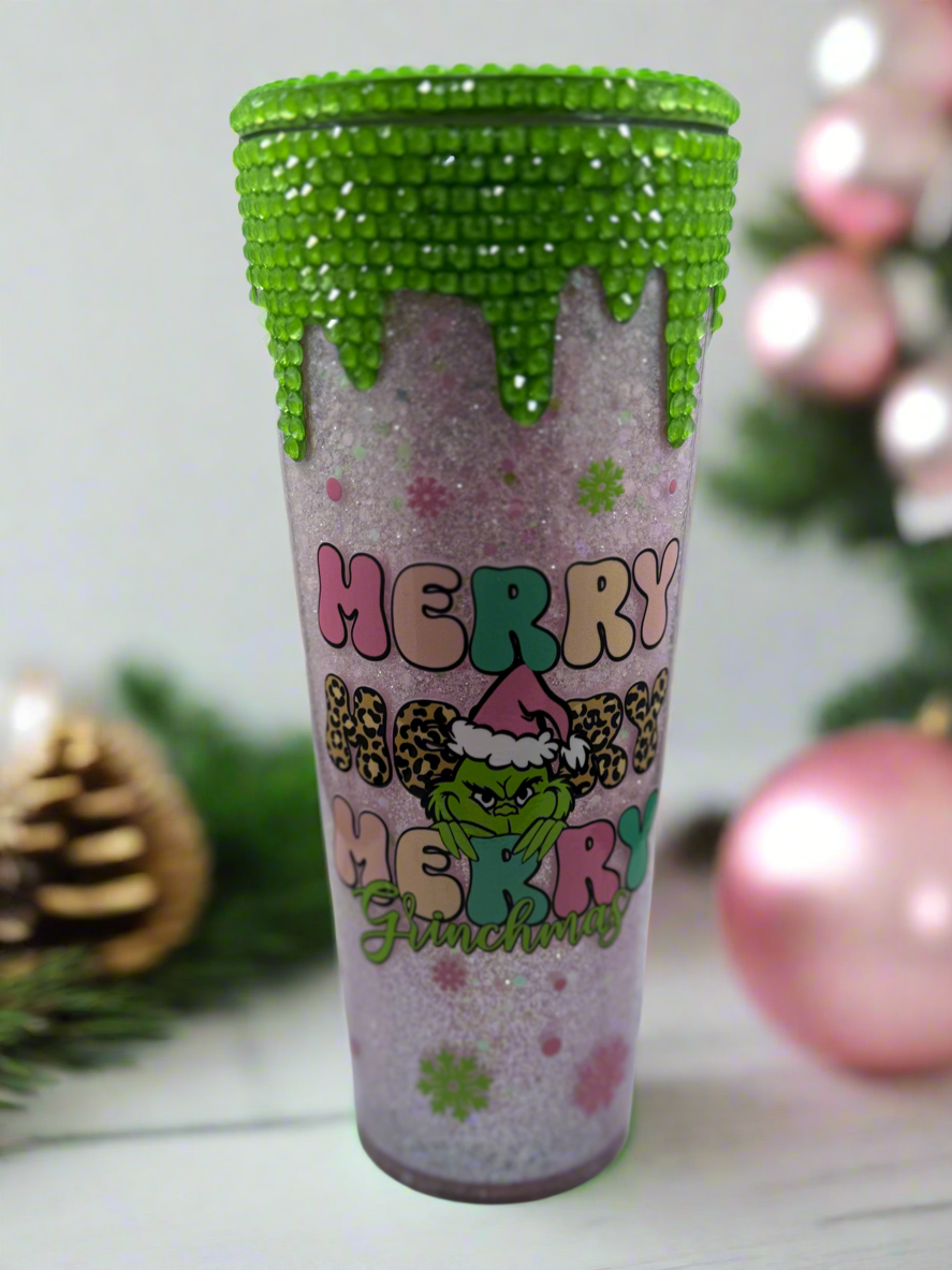 24 oz Pink Grinch Snowglobe Tumbler