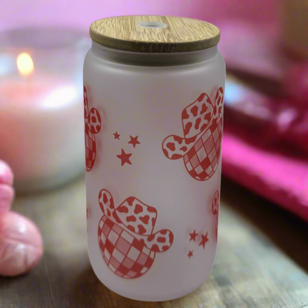 16 oz Glass Pink Disco Ball with Cowgirl Hat-Themed Tumbler