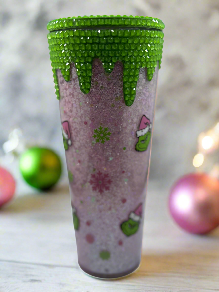 24 oz Pink Grinch Snowglobe Tumbler