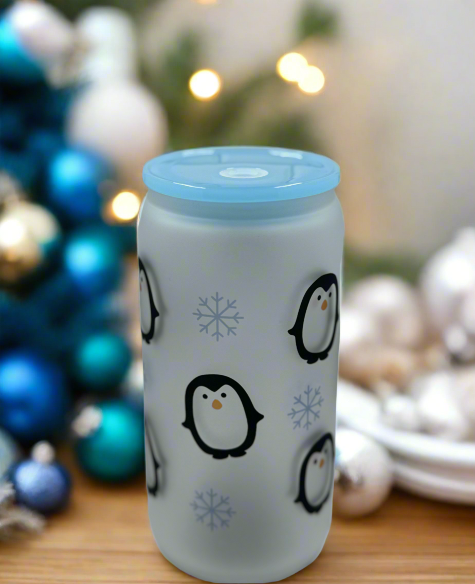 16 oz Glass Cute Penguin-Themed Tumbler