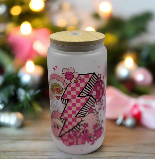 16 oz Glass Pink Retro Christmas-Themed Tumbler