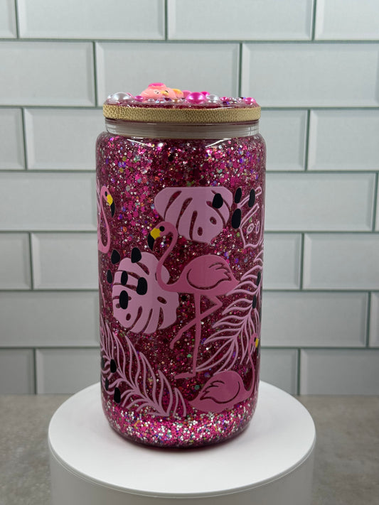 Flock to Fun, Flamingo Glass Snow Globe Tumbler