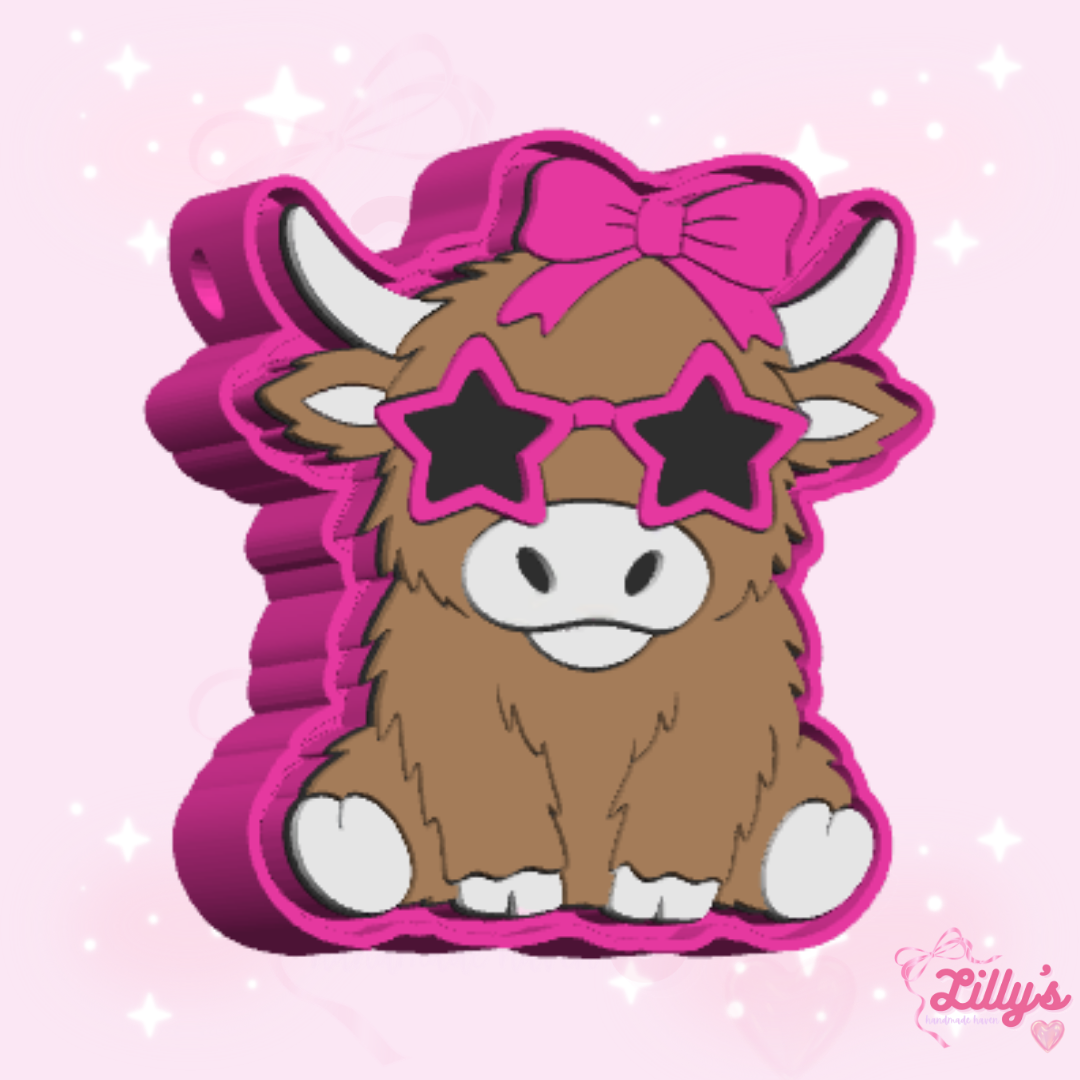 Highland Cow with Star Sunglasses Fidget Clicker Keychain